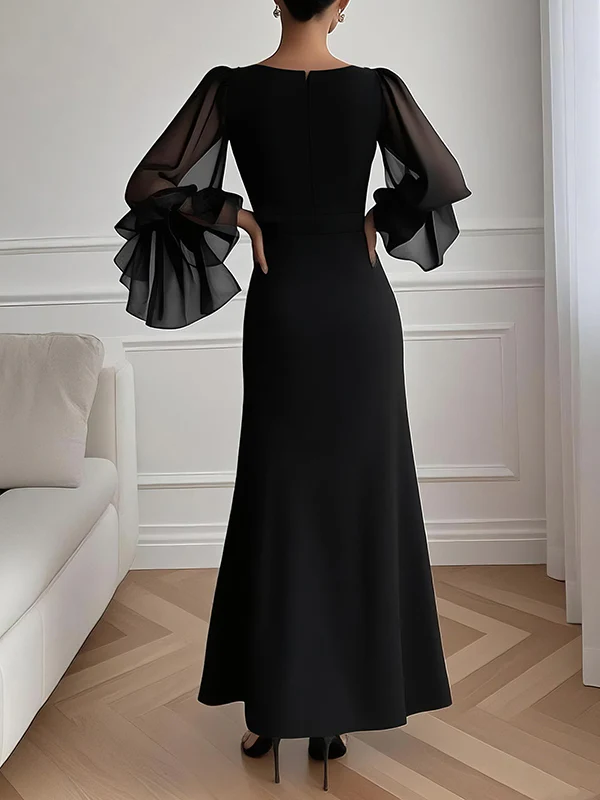 Flared Sleeves Long Sleeves Solid Color Split-side Zipper V-neck Maxi Dresses - Image 2