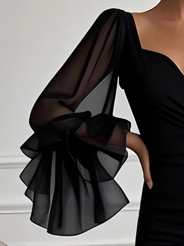 Flared Sleeves Long Sleeves Solid Color Split-side Zipper V-neck Maxi Dresses - Image 4