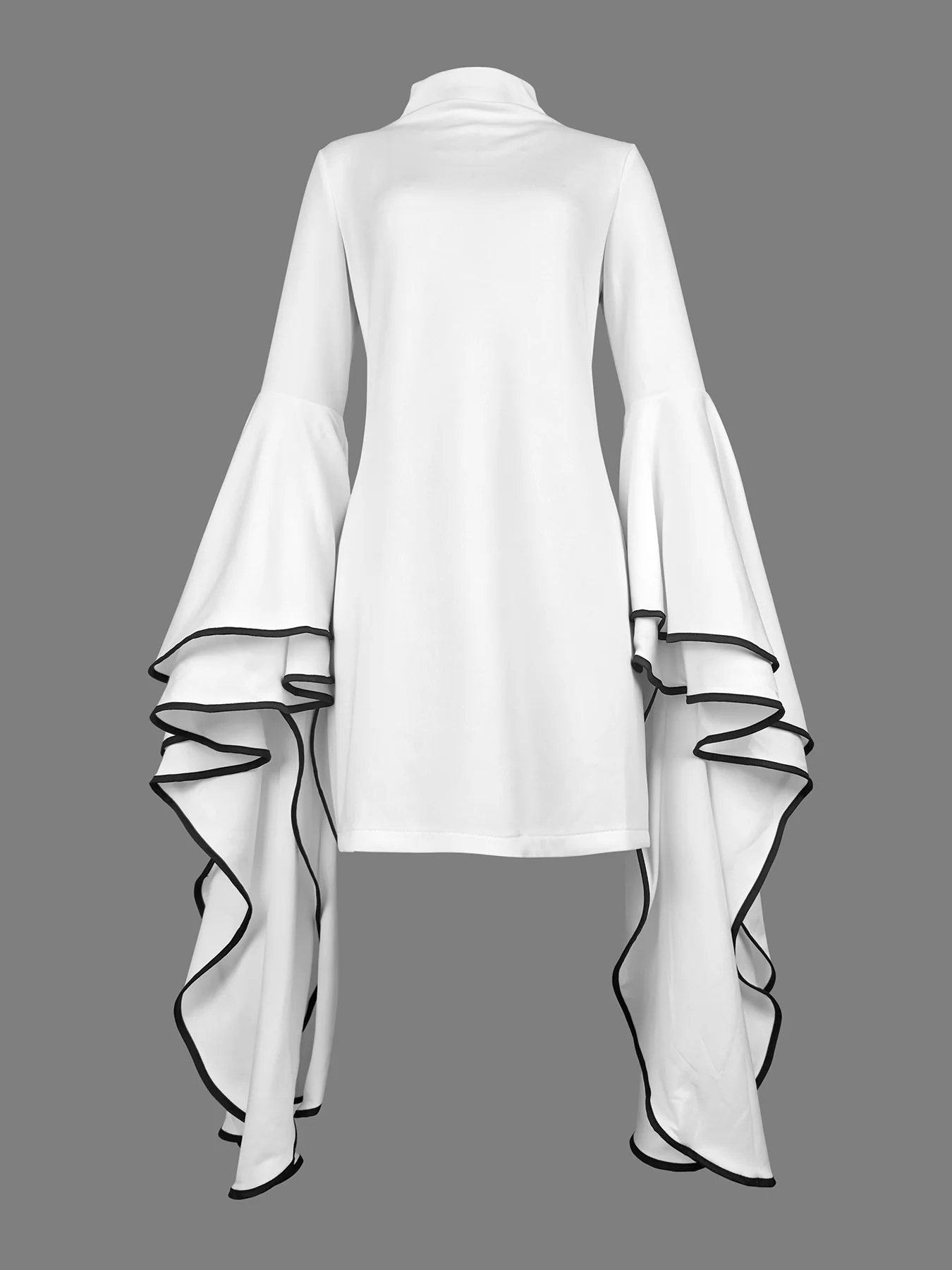 Flared Sleeves Long Sleeves Solid Color Stand Collar Mini Dresses - Image 4