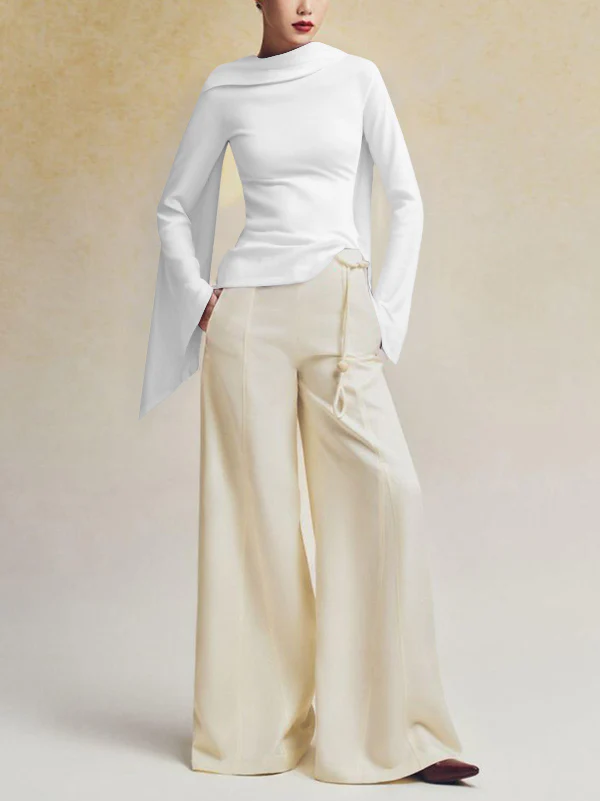Flared Sleeves Long Sleeves Solid Color Zipper Boat Neck T-Shirts Tops - Image 12
