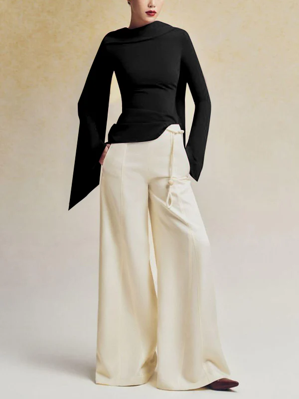 Flared Sleeves Long Sleeves Solid Color Zipper Boat Neck T-Shirts Tops - Image 13