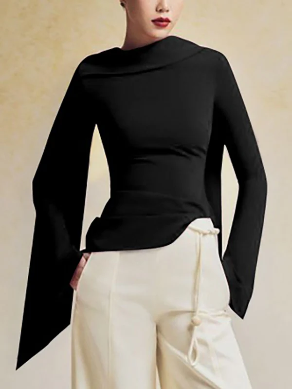 Flared Sleeves Long Sleeves Solid Color Zipper Boat Neck T-Shirts Tops - Image 3