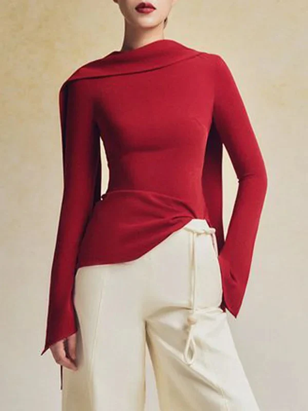 Flared Sleeves Long Sleeves Solid Color Zipper Boat Neck T-Shirts Tops - Image 4