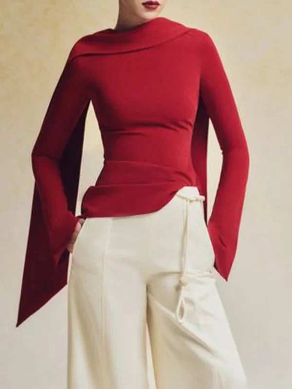 Flared Sleeves Long Sleeves Solid Color Zipper Boat Neck T-Shirts Tops - Image 5