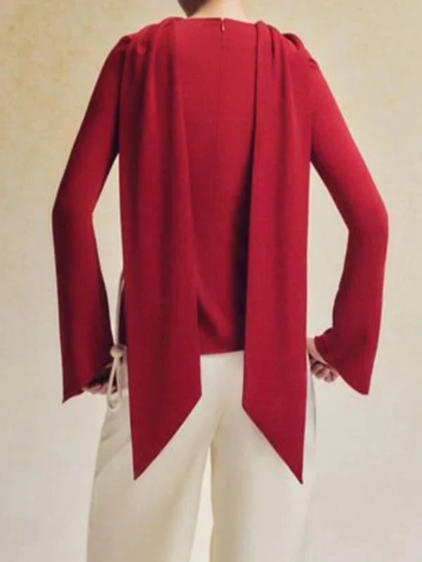 Flared Sleeves Long Sleeves Solid Color Zipper Boat Neck T-Shirts Tops - Image 6