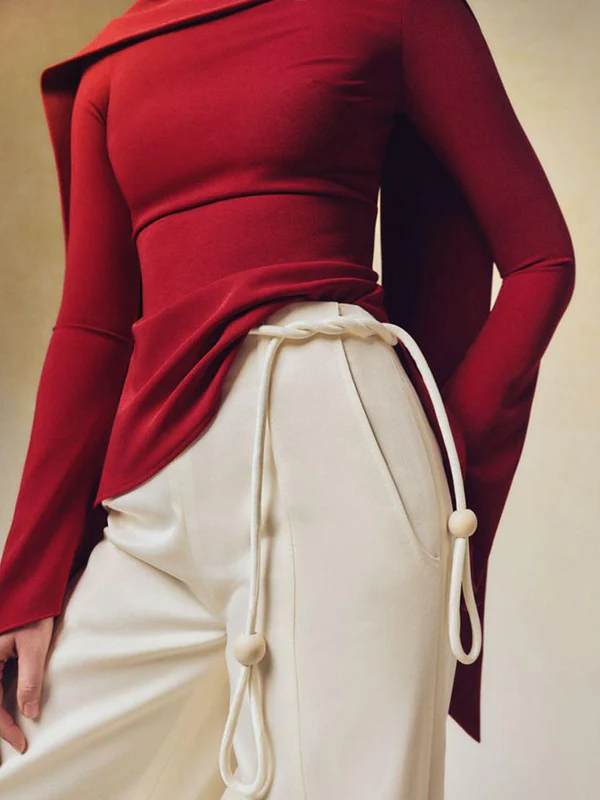 Flared Sleeves Long Sleeves Solid Color Zipper Boat Neck T-Shirts Tops - Image 7