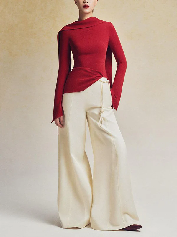 Flared Sleeves Long Sleeves Solid Color Zipper Boat Neck T-Shirts Tops - Image 9