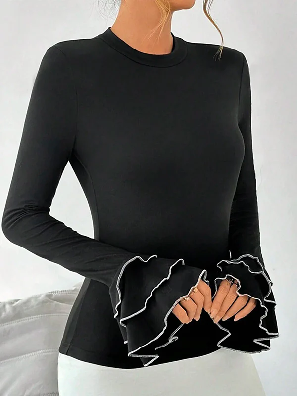 Flared Sleeves Long Sleeves Split-Joint Tiered Round-Neck T-Shirts Tops - Image 2