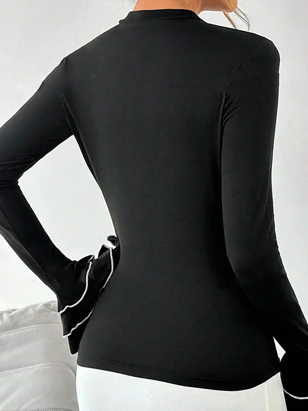 Flared Sleeves Long Sleeves Split-Joint Tiered Round-Neck T-Shirts Tops - Image 3