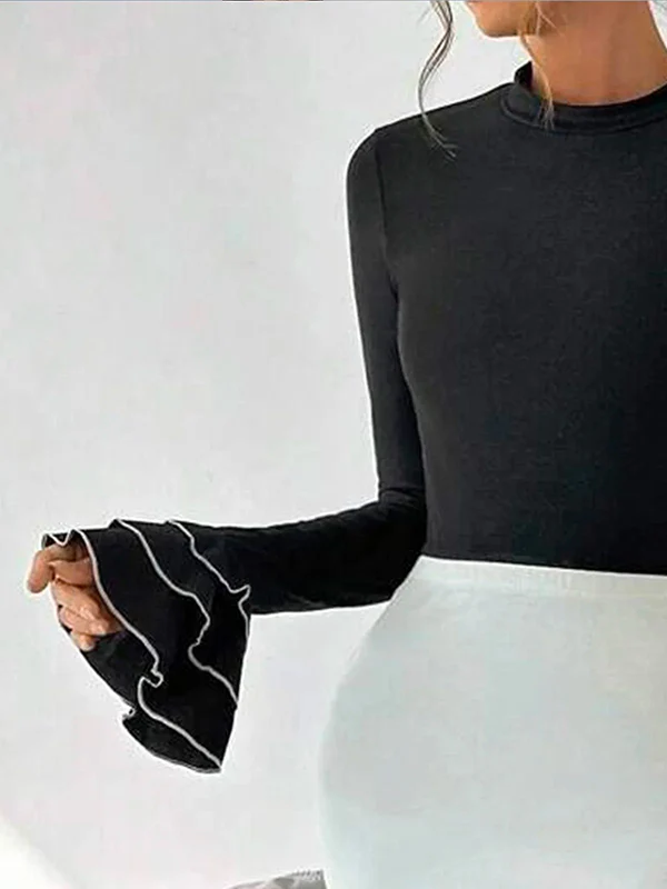 Flared Sleeves Long Sleeves Split-Joint Tiered Round-Neck T-Shirts Tops - Image 4