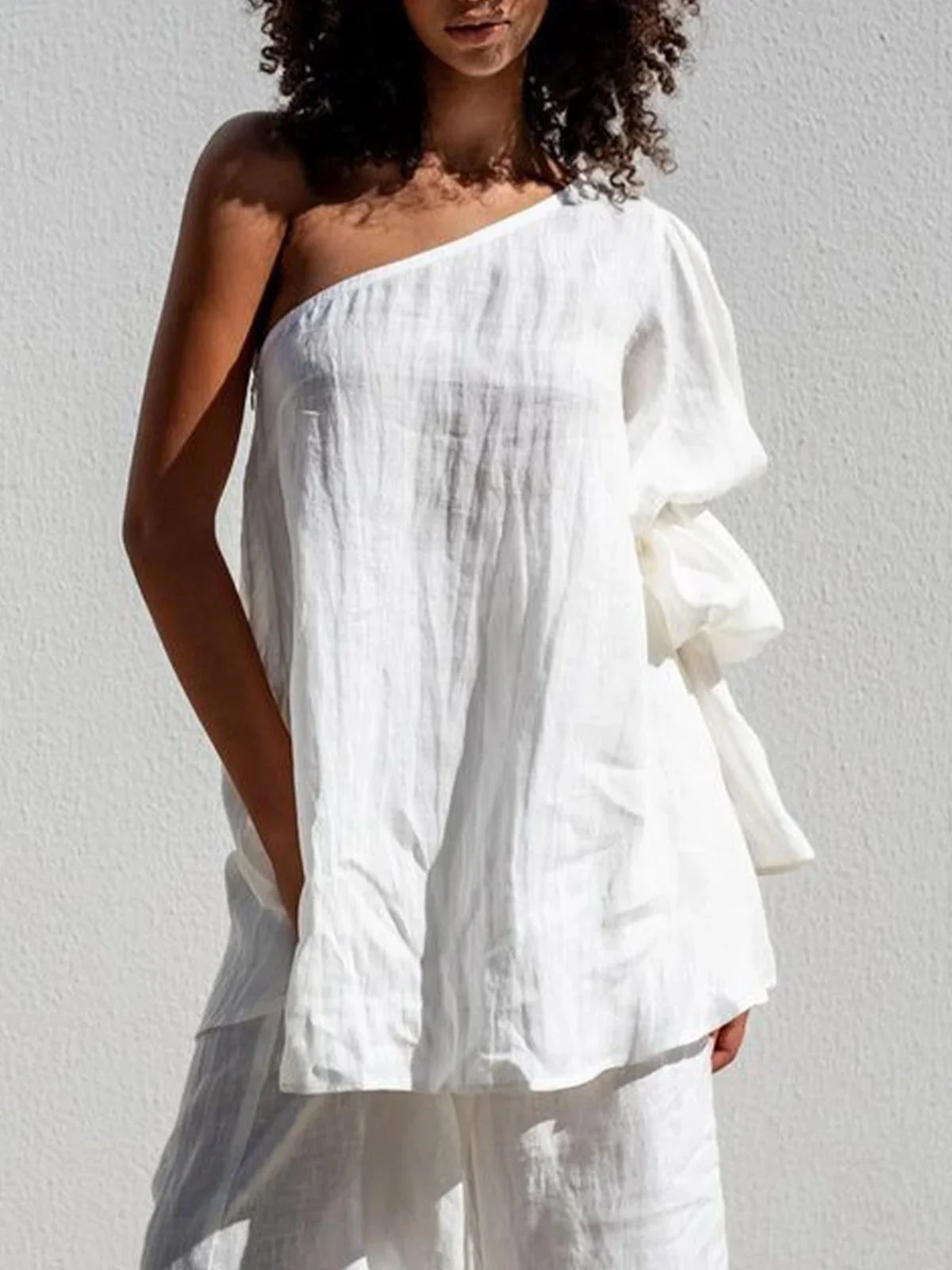 Flared Sleeves Loose Asymmetric Elasticity Pleated Solid Color Split-Joint One-Shoulder Blouses&Shirts Tops - Image 2
