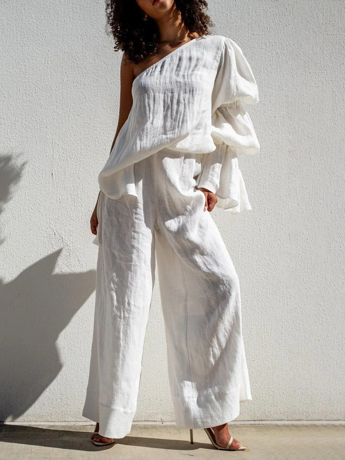 Flared Sleeves Loose Asymmetric Elasticity Pleated Solid Color Split-Joint One-Shoulder Blouses&Shirts Tops - Image 3