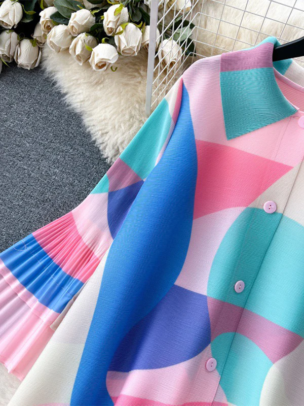 Flared Sleeves Loose Belted Contrast Color Pleated Midi Dresses - Image 12