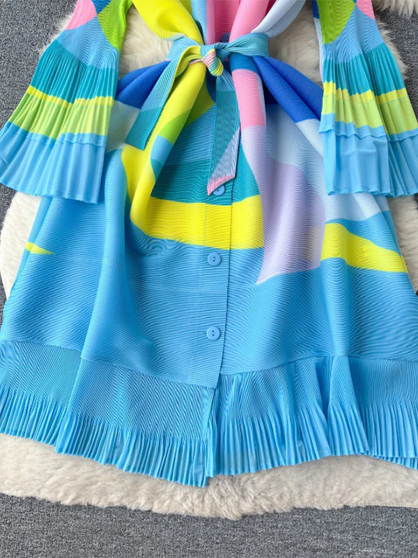 Flared Sleeves Loose Belted Contrast Color Pleated Midi Dresses - Image 13