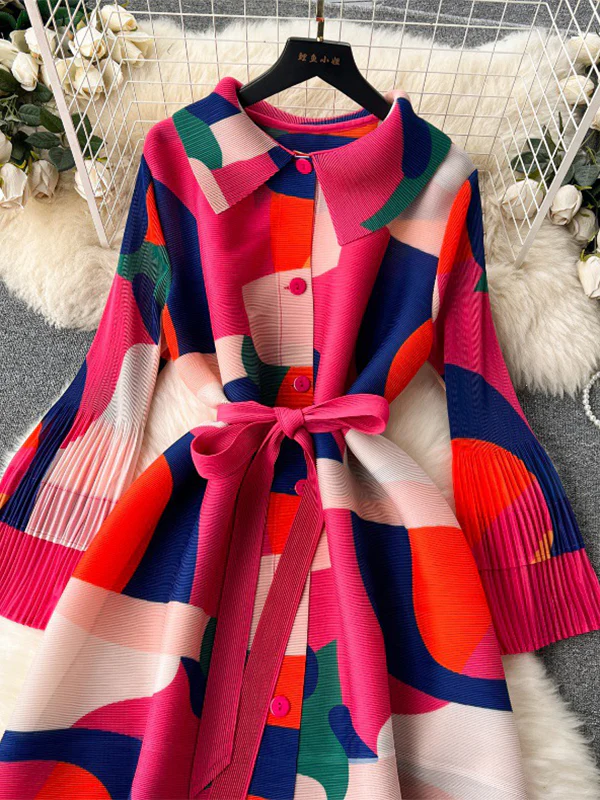 Flared Sleeves Loose Belted Contrast Color Pleated Midi Dresses - Image 14