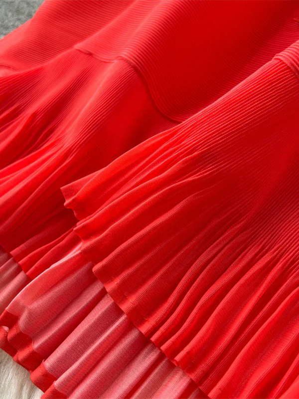 Flared Sleeves Loose Belted Contrast Color Pleated Midi Dresses - Image 16
