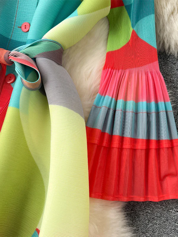Flared Sleeves Loose Belted Contrast Color Pleated Midi Dresses - Image 17