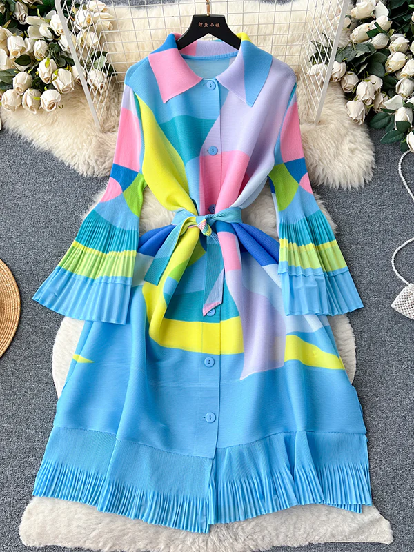 Flared Sleeves Loose Belted Contrast Color Pleated Midi Dresses - Image 2