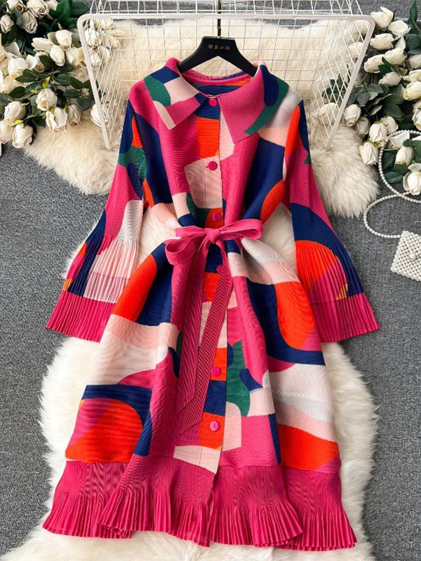 Flared Sleeves Loose Belted Contrast Color Pleated Midi Dresses - Image 3