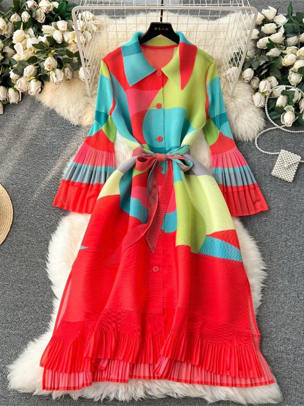 Flared Sleeves Loose Belted Contrast Color Pleated Midi Dresses - Image 4