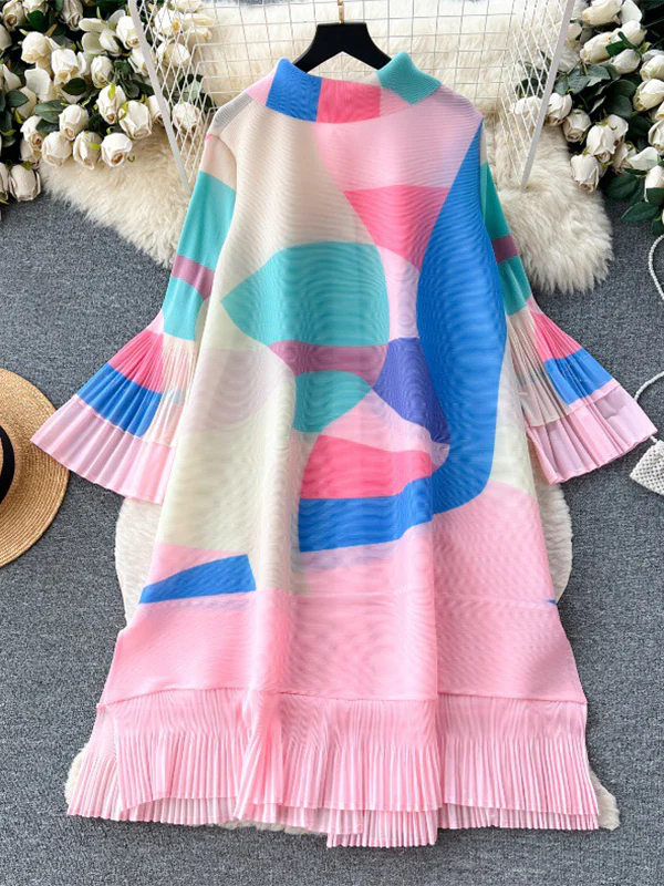 Flared Sleeves Loose Belted Contrast Color Pleated Midi Dresses - Image 5