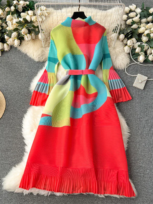 Flared Sleeves Loose Belted Contrast Color Pleated Midi Dresses - Image 6