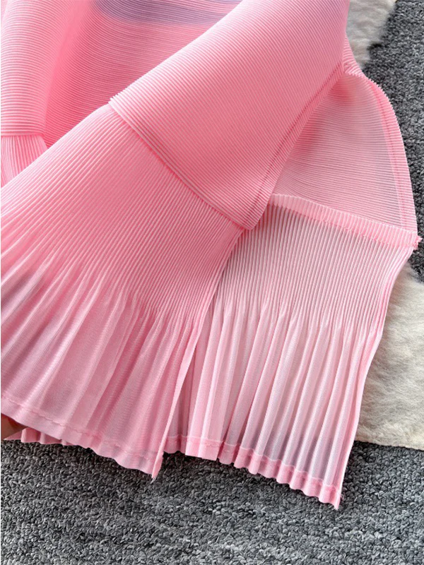 Flared Sleeves Loose Belted Contrast Color Pleated Midi Dresses - Image 9