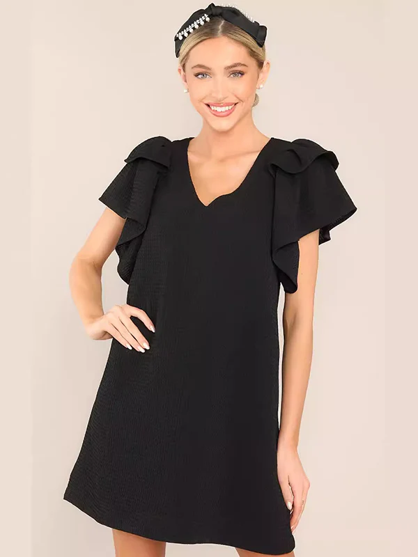 Flared Sleeves Loose Comfort Solid Color V-Neck Mini Dresses - Image 4