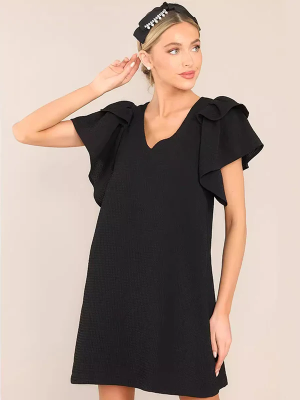 Flared Sleeves Loose Comfort Solid Color V-Neck Mini Dresses - Image 5