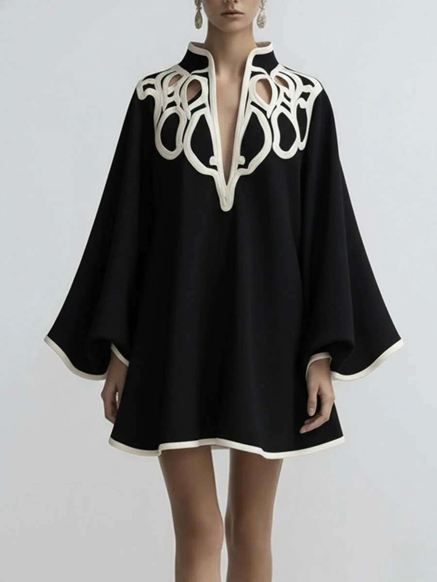 Flared Sleeves Loose Contrast Color Hollow Stand Collar Mini Dresses - Image 2