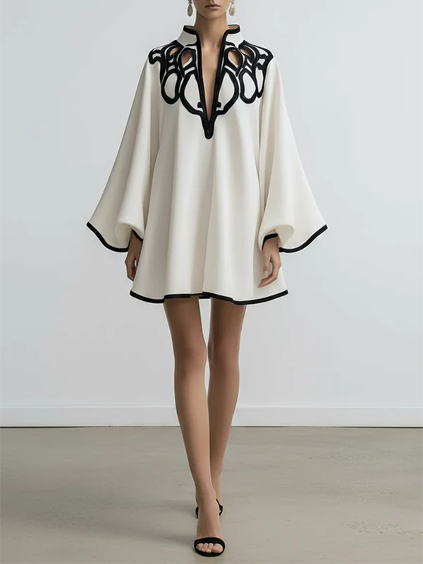 Flared Sleeves Loose Contrast Color Hollow Stand Collar Mini Dresses - Image 3