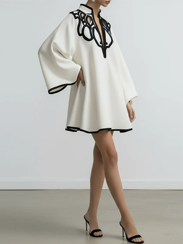Flared Sleeves Loose Contrast Color Hollow Stand Collar Mini Dresses - Image 4