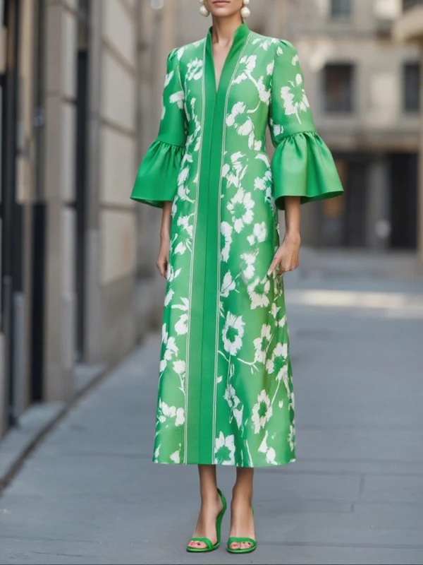Flared Sleeves Loose Flower Print Pleated Pockets Split-Side V-Neck Maxi Dresses - Image 2