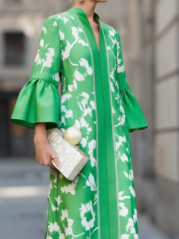 Flared Sleeves Loose Flower Print Pleated Pockets Split-Side V-Neck Maxi Dresses - Image 3
