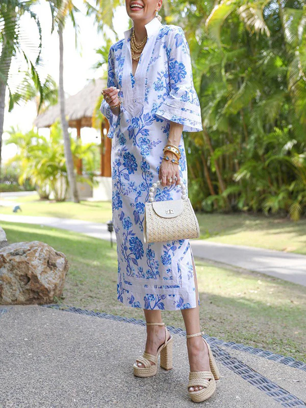 Flared Sleeves Loose Flower Print Split-Joint Split-side Deep V-Neck Midi Dresses - Image 4