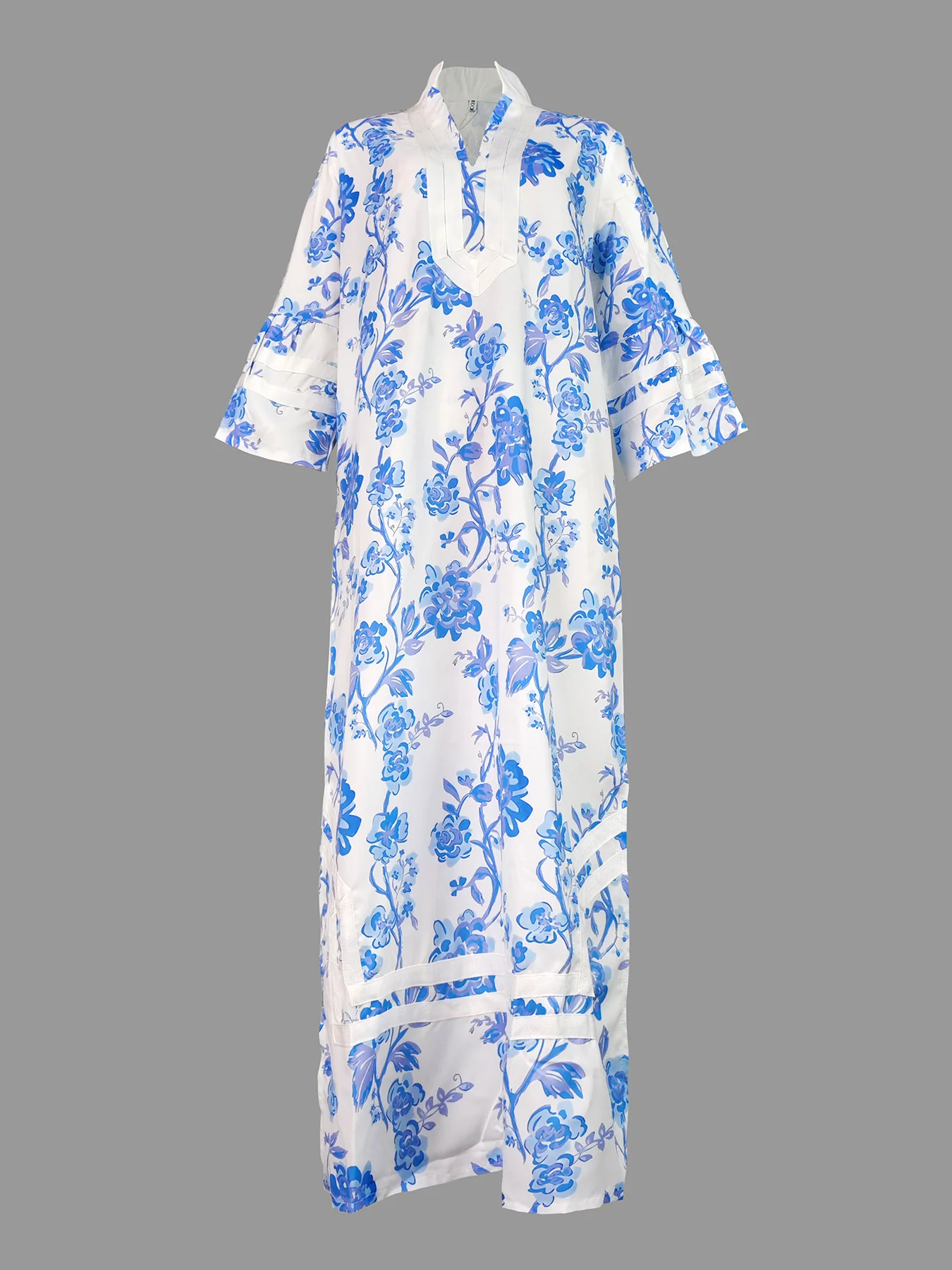 Flared Sleeves Loose Flower Print Split-Joint Split-side Deep V-Neck Midi Dresses - Image 5