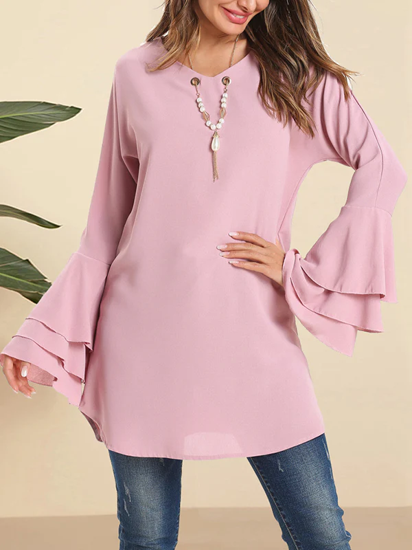 Flared Sleeves Loose Hollow Layered V-Neck Blouses&Shirts Tops - Image 2