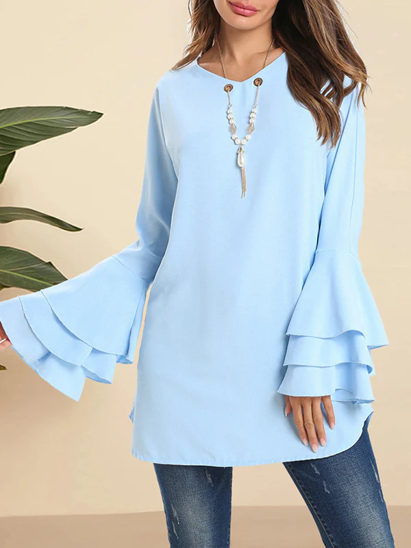 Flared Sleeves Loose Hollow Layered V-Neck Blouses&Shirts Tops - Image 3