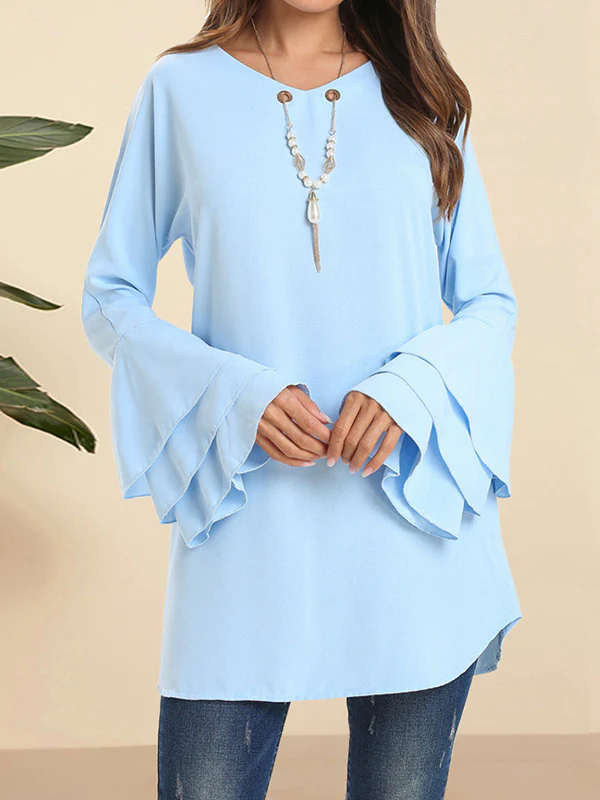 Flared Sleeves Loose Hollow Layered V-Neck Blouses&Shirts Tops - Image 4