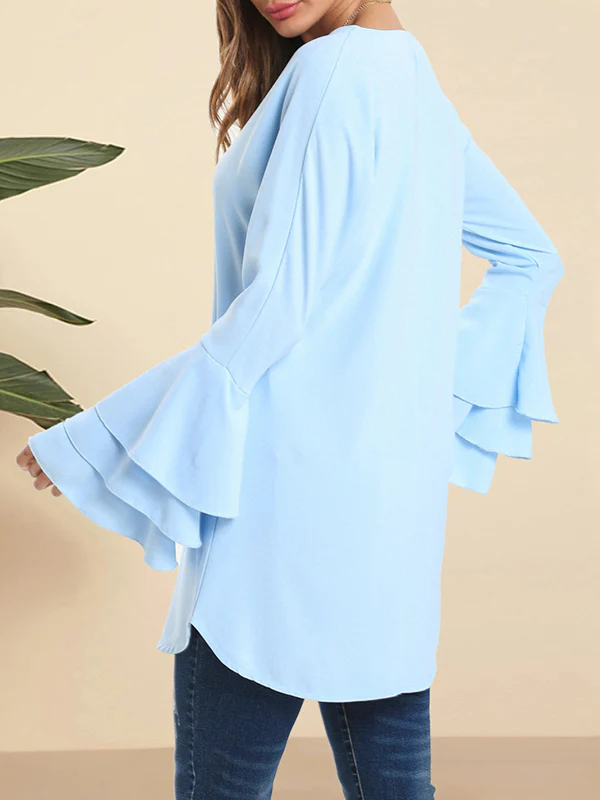 Flared Sleeves Loose Hollow Layered V-Neck Blouses&Shirts Tops - Image 5