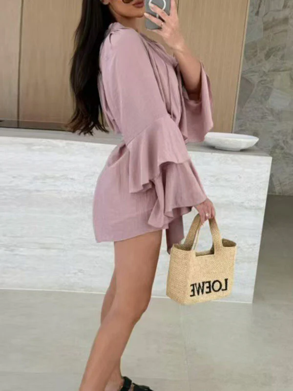Flared Sleeves Loose Lace-Up Pleated Solid Color Split-Joint Tiered Round-Neck Mini Dresses - Image 10