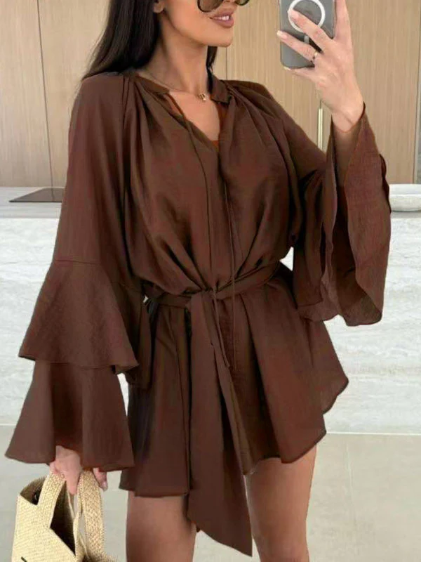 Flared Sleeves Loose Lace-Up Pleated Solid Color Split-Joint Tiered Round-Neck Mini Dresses - Image 2