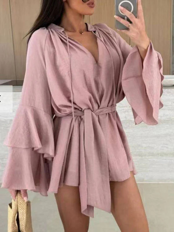 Flared Sleeves Loose Lace-Up Pleated Solid Color Split-Joint Tiered Round-Neck Mini Dresses - Image 4