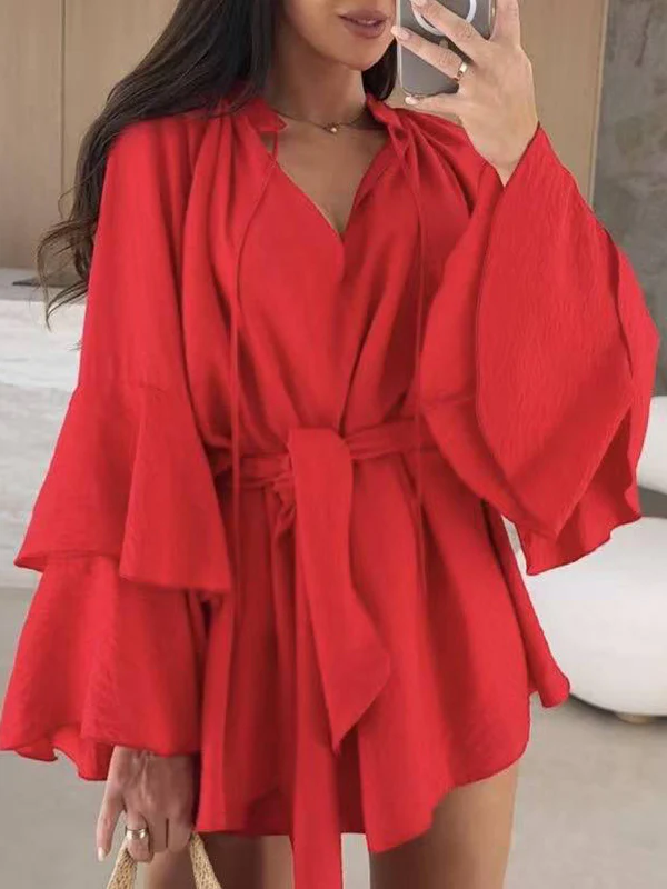 Flared Sleeves Loose Lace-Up Pleated Solid Color Split-Joint Tiered Round-Neck Mini Dresses - Image 5