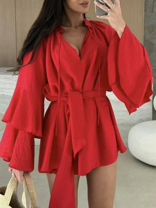 Flared Sleeves Loose Lace-Up Pleated Solid Color Split-Joint Tiered Round-Neck Mini Dresses - Image 6