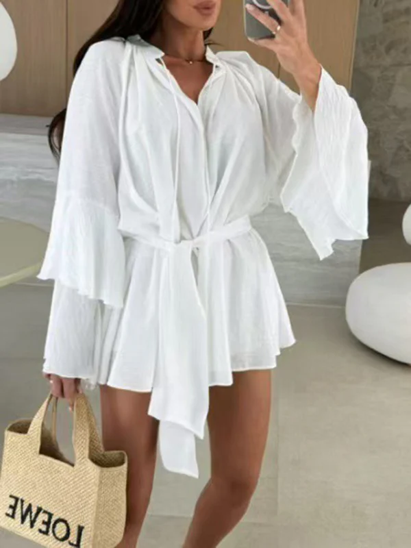 Flared Sleeves Loose Lace-Up Pleated Solid Color Split-Joint Tiered Round-Neck Mini Dresses - Image 7