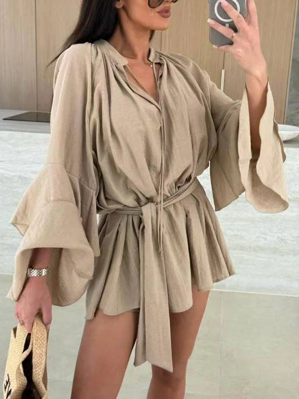 Flared Sleeves Loose Lace-Up Pleated Solid Color Split-Joint Tiered Round-Neck Mini Dresses - Image 8