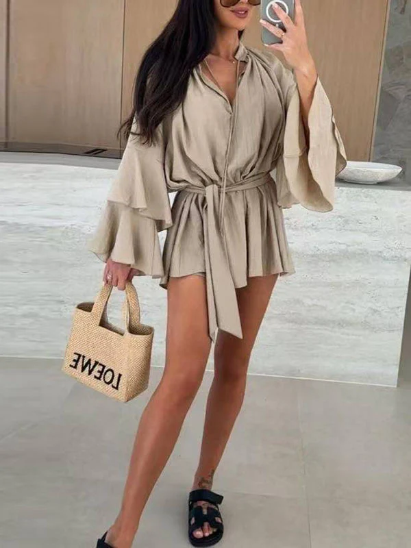 Flared Sleeves Loose Lace-Up Pleated Solid Color Split-Joint Tiered Round-Neck Mini Dresses - Image 9