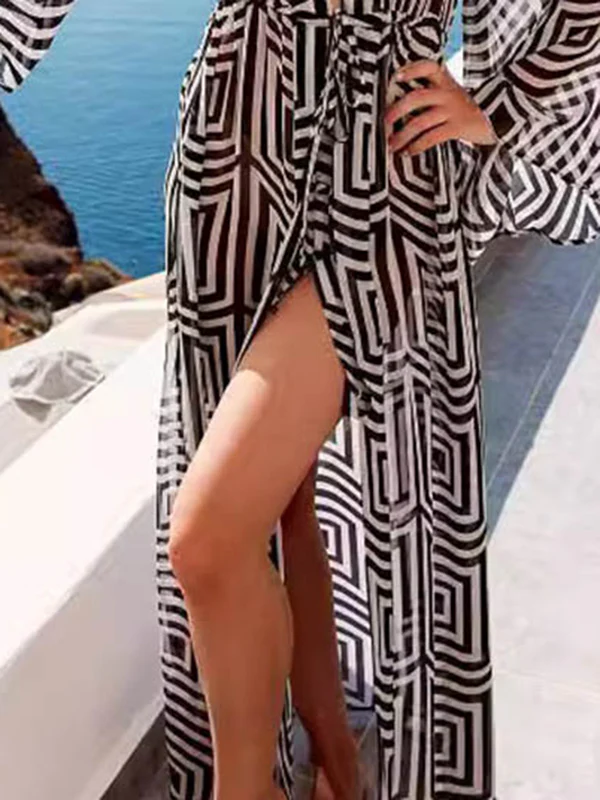 Flared Sleeves Loose Lace-Up See-Through Split-Joint Deep V-Neck Cover-Up - Image 2