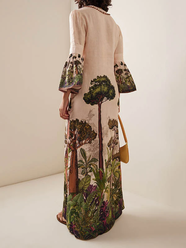 Flared Sleeves Loose Leaves Print V-Neck Maxi Dresses - Image 2